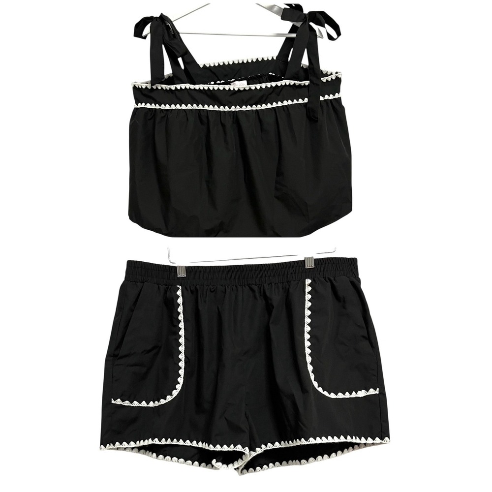 Pink Lily Tank Shorts Set Womens XL Black Crochet Trim Tie Strap Pockets Casual